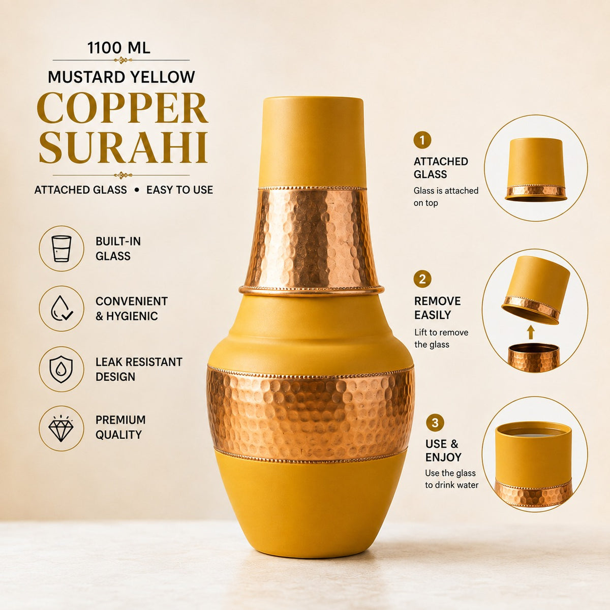 Tamtaware SURAI Designer Copper Bottle 1100 ml with Glass Lid (Mustard Yellow)