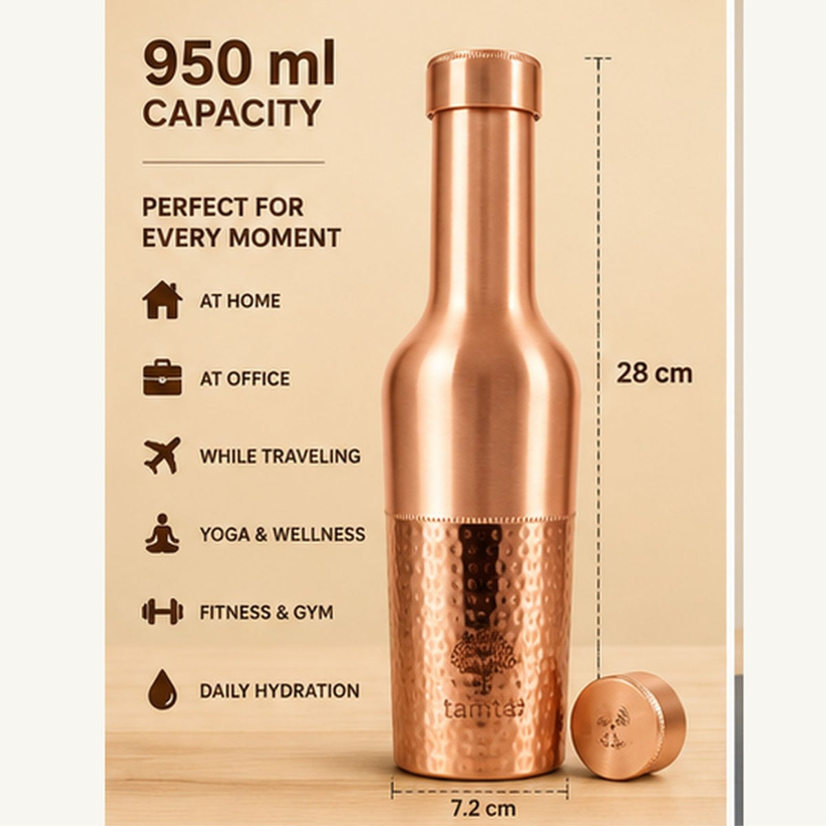 Tamtaware Crafted Pure Copper Bottle (950 ml) – Half Hammered Long Neck