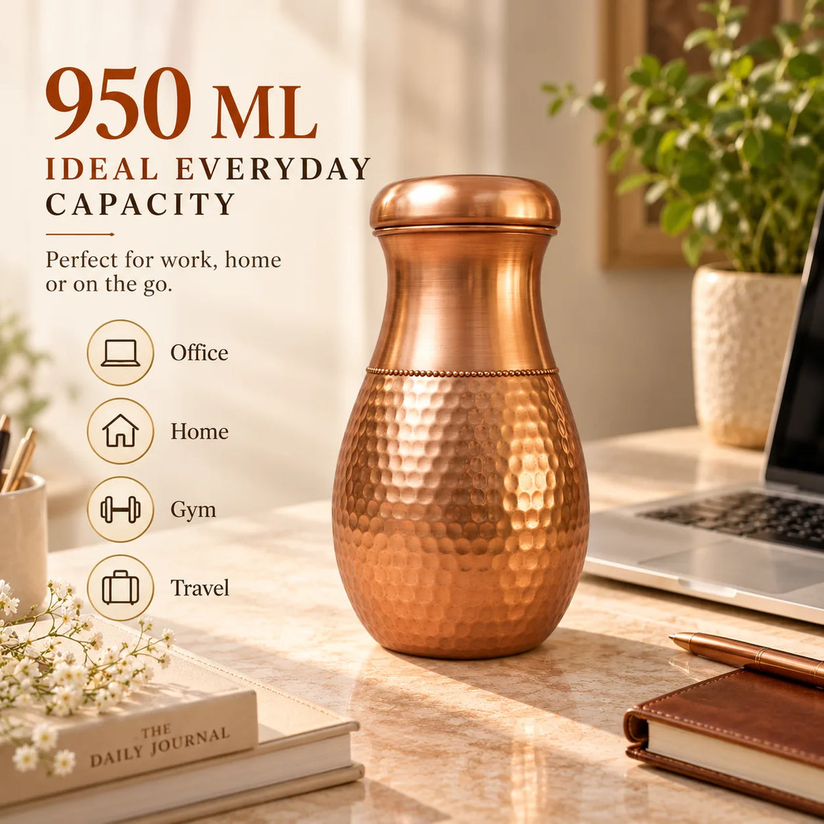 Tamtaware Handcrafted Pure Copper Water Bottle 950 ml – Half Hammered Surai Bottle