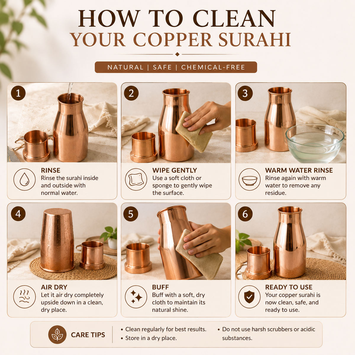 Tamtaware Pure Copper Bedside Surahi Carafe with Glass Lid (1000 ml) – Mirror Shine Tumbler Set