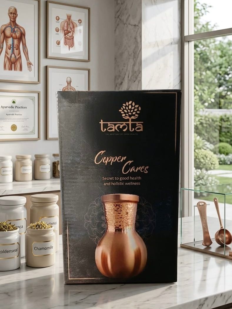 Tamtaware Pure Copper Bedside Carafe with Glass Lid (950 ml) – Hammered Finish