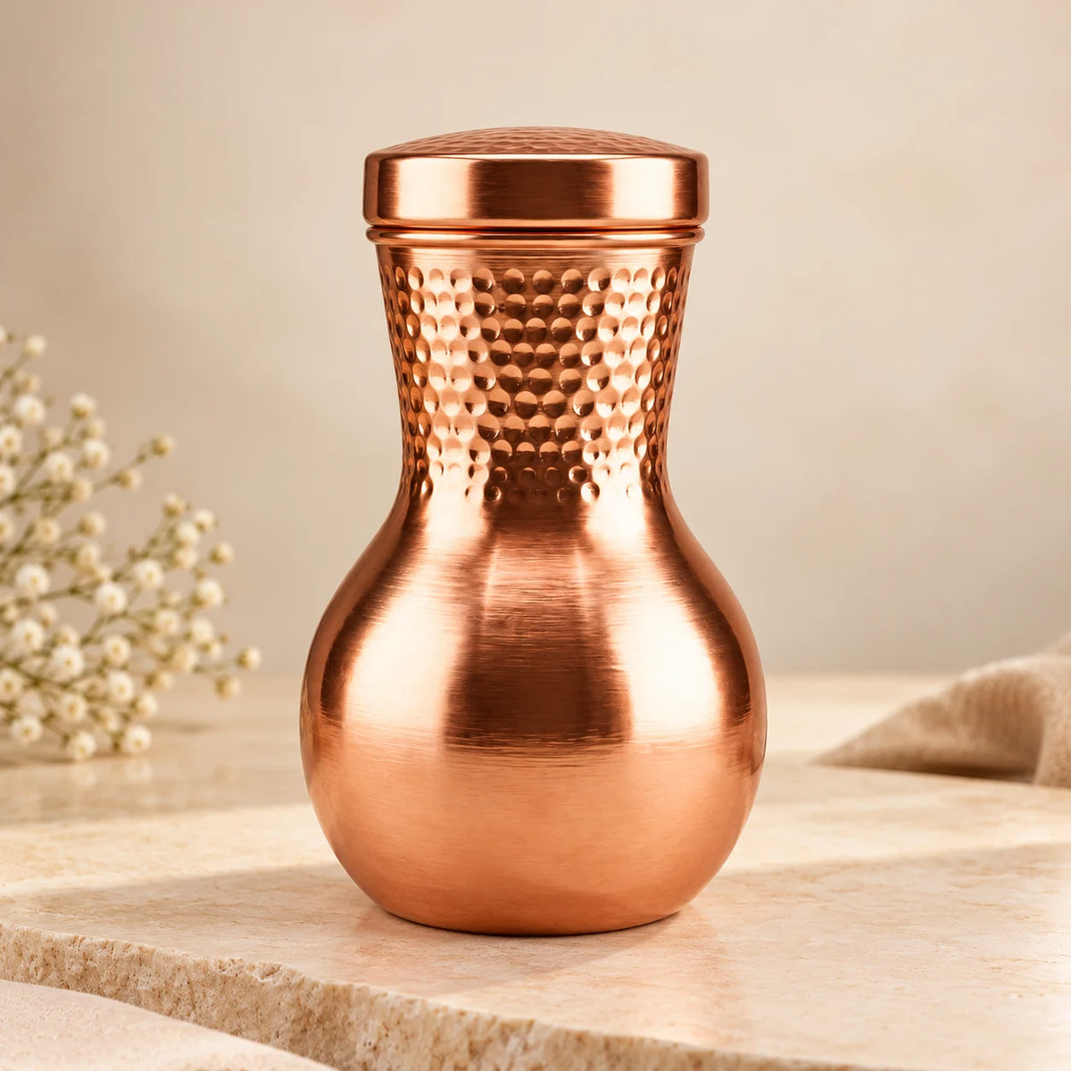 Tamtaware Pure Copper Water Pot Carafe (950 ml) – Matte Finish with Hammered Neck