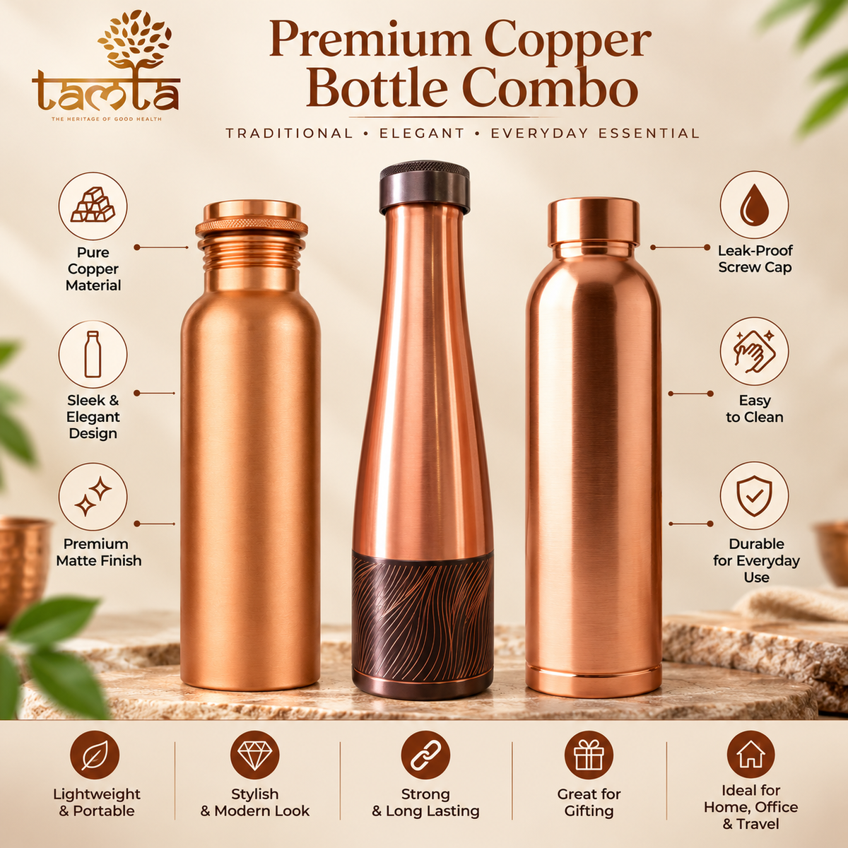 Tamtaware Premium Pure Copper Water Bottle Combo (Set of 3, 950 ml Each) – Classic, Designer & Plain Matte