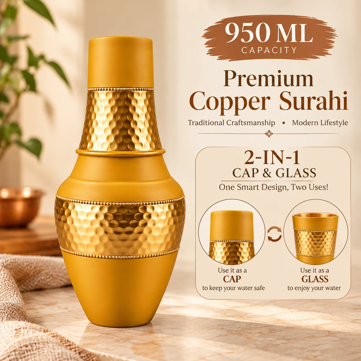 Tamtaware SURAI Designer Copper Bottle 950 ml with Glass Lid (Mustard Yellow)