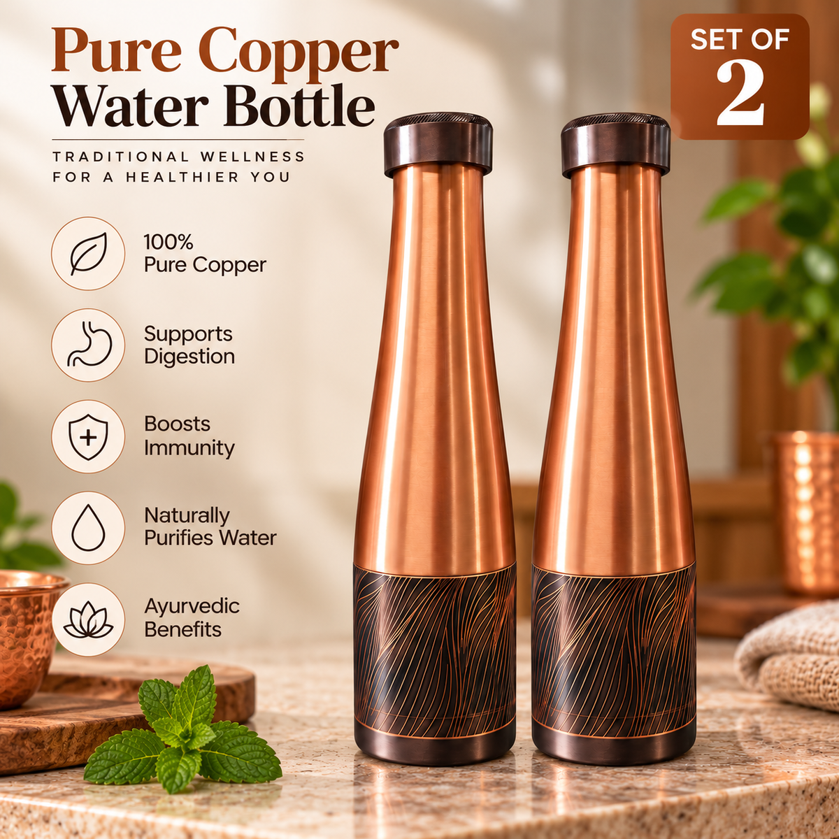 Tamtaware Handcrafted Pure Copper Water Bottle 950 ml – Sleek Glossy Tapered Bottle Set of 2