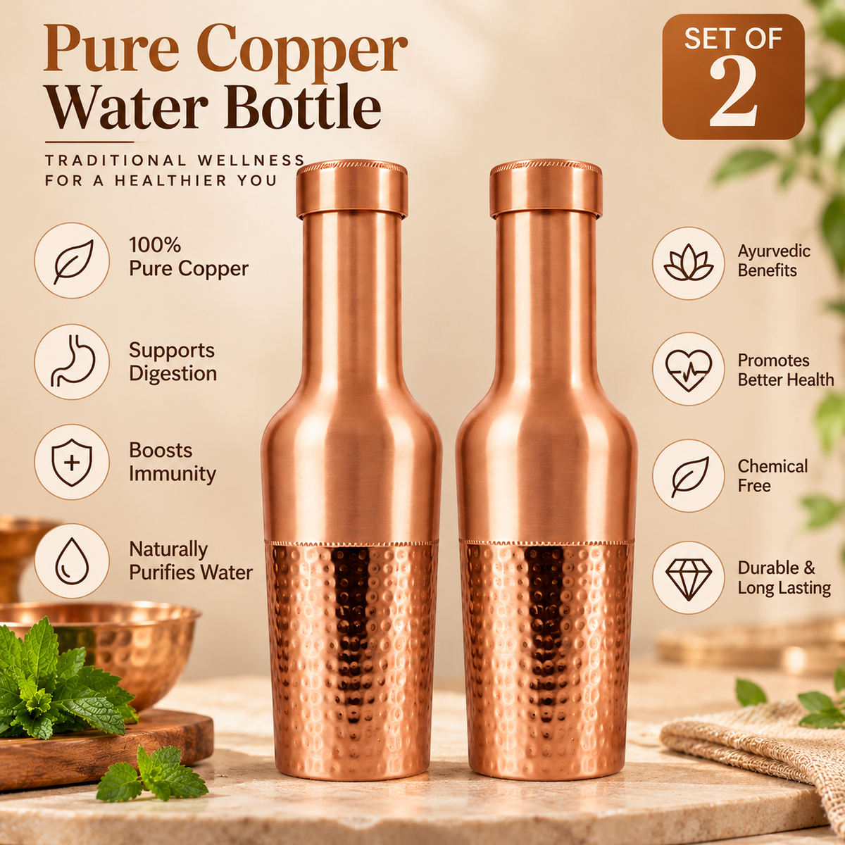 Tamtaware Crafted Pure Copper Bottle (950 ml) – Half Hammered Long Neck Set of 2