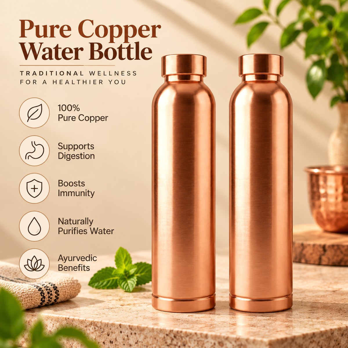 Tamtaware Tamra Pure Copper Water Bottle (950 ml) – Matte Finish Leak-Proof Set of 2