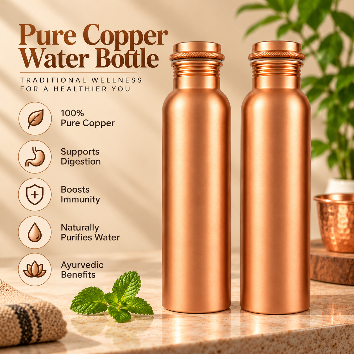 Tamtaware Handcrafted Pure Copper Water Bottle 950 ml – Brushed Satin Matte Bottle Set of 2