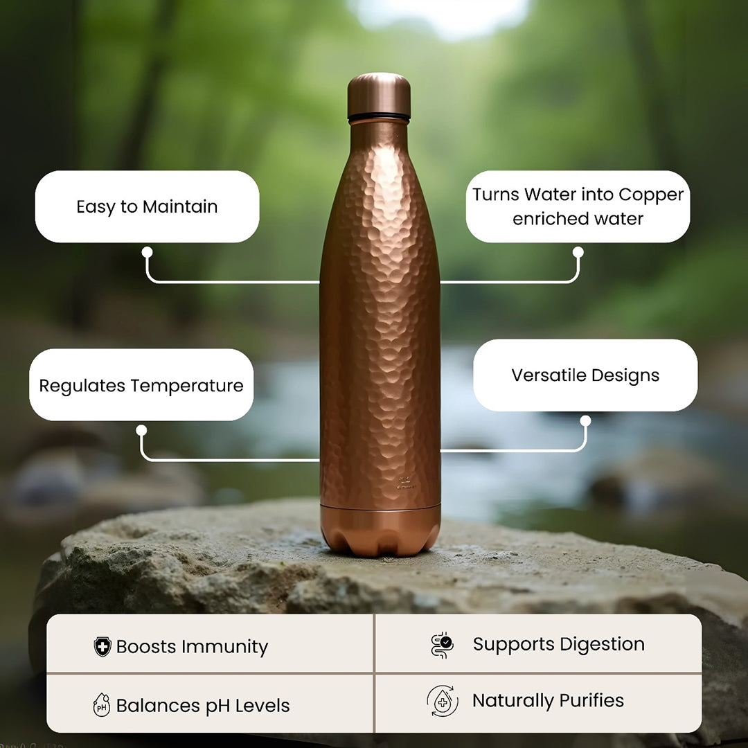 ETCHING Heritage Copper Bottle – Glossy Set with Twin Glasses