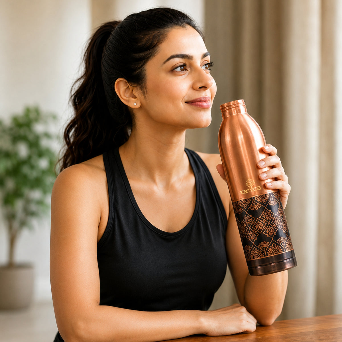 Tamtaware Handcrafted Pure Copper Water Bottle 1000 ml – 1 Litre Glossy Etched Flask