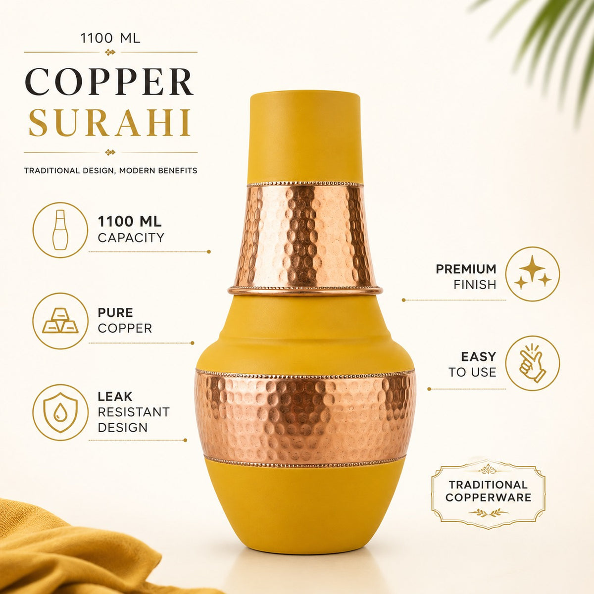 Tamtaware SURAI Designer Copper Bottle 1100 ml with Glass Lid (Mustard Yellow)