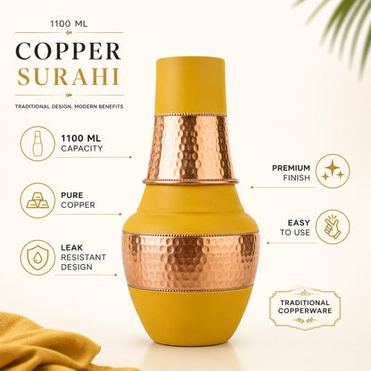 Tamtaware SURAI Designer Copper Bottle 1100 ml with Glass Lid (Mustard Yellow)