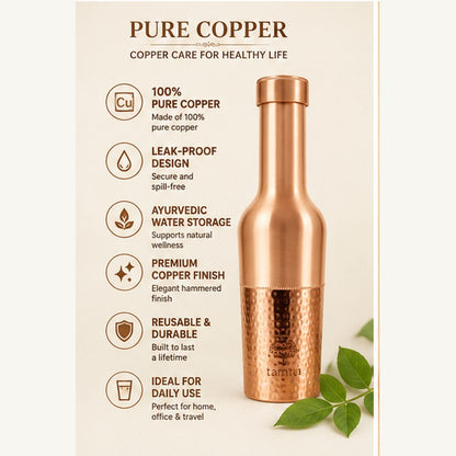 Tamtaware Crafted Pure Copper Bottle (950 ml) – Half Hammered Long Neck