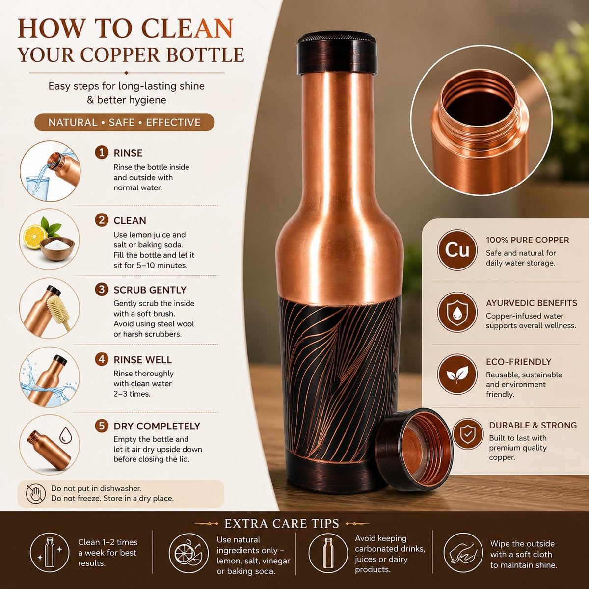 Tamtaware Handcrafted Pure Copper Water Bottle 1000 ml – 1 Litre Long Neck Etched Flask
