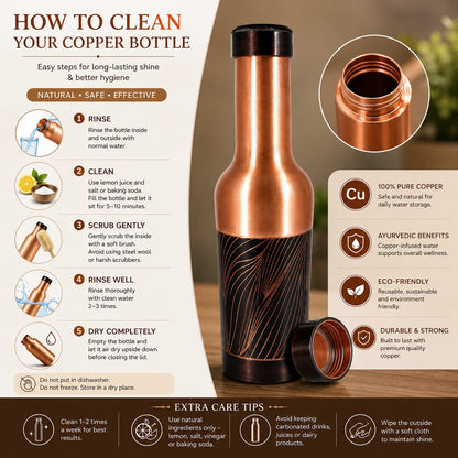 Tamtaware Handcrafted Pure Copper Water Bottle 1000 ml – 1 Litre Long Neck Etched Flask