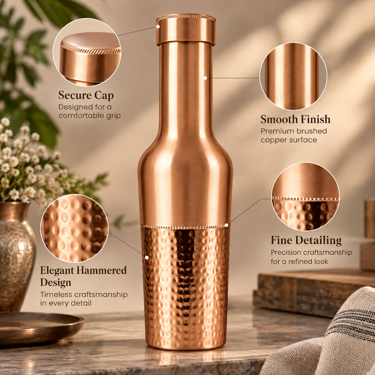 Tamtaware Crafted Pure Copper Bottle (950 ml) – Half Hammered Long Neck