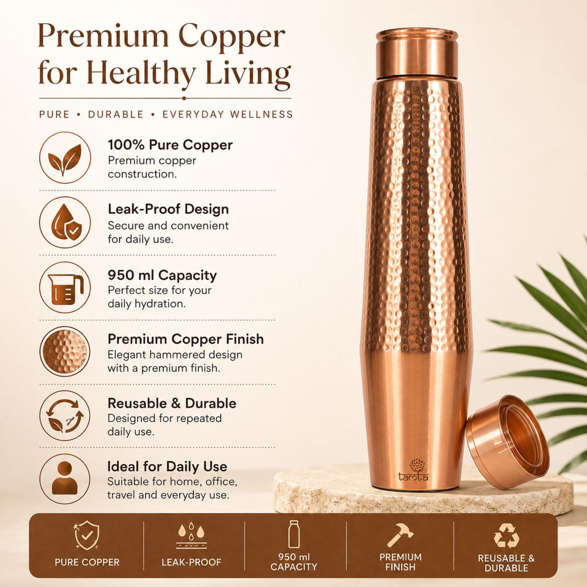 Tamtaware Handcrafted Pure Copper Water Bottle 950 ml – Dual Finish Hammered Upper