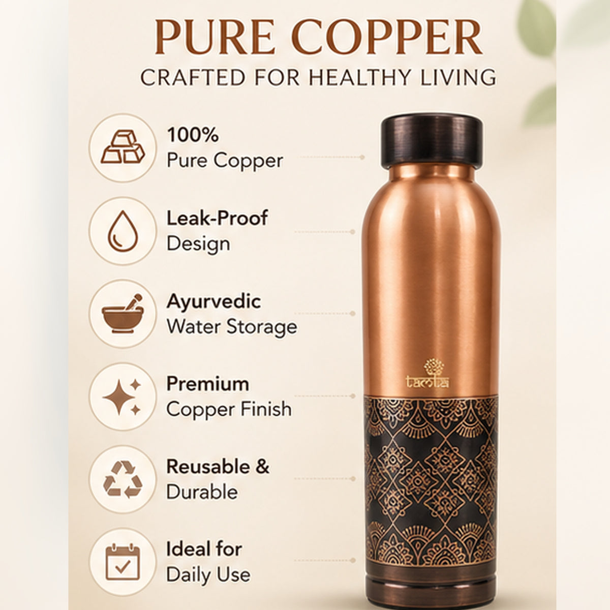 Tamtaware Handcrafted Pure Copper Water Bottle 1000 ml – 1 Litre Glossy Etched Flask