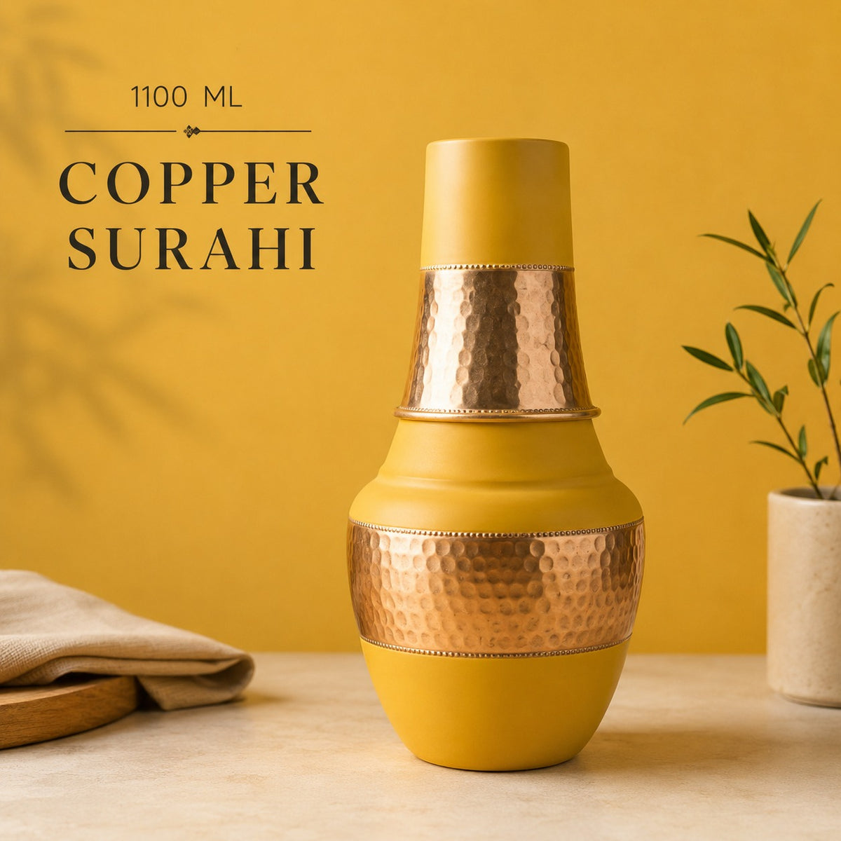 Tamtaware SURAI Designer Copper Bottle 1100 ml with Glass Lid (Mustard Yellow)