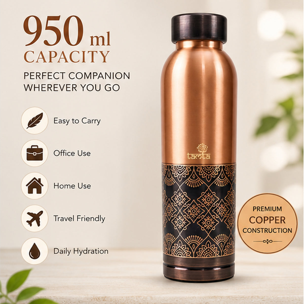 Tamtaware Handcrafted Pure Copper Water Bottle 1000 ml – 1 Litre Glossy Etched Flask