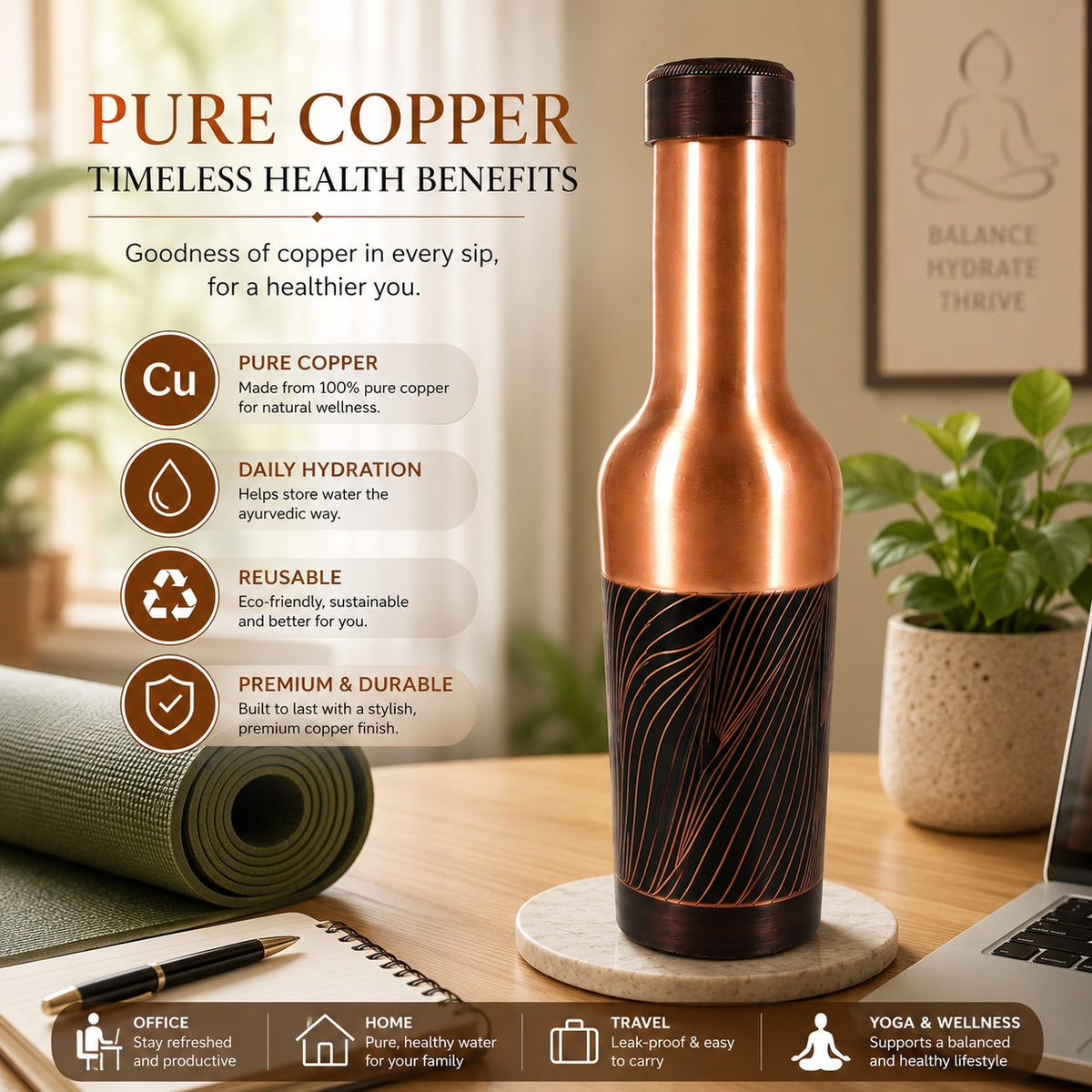 Tamtaware Handcrafted Pure Copper Water Bottle 1000 ml – 1 Litre Long Neck Etched Flask