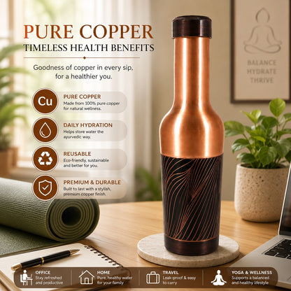 Tamtaware Handcrafted Pure Copper Water Bottle 1000 ml – 1 Litre Long Neck Etched Flask