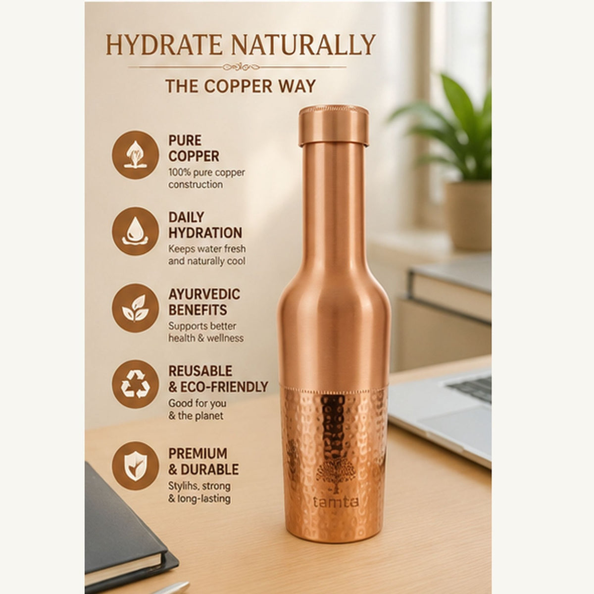 Tamtaware Crafted Pure Copper Bottle (950 ml) – Half Hammered Long Neck
