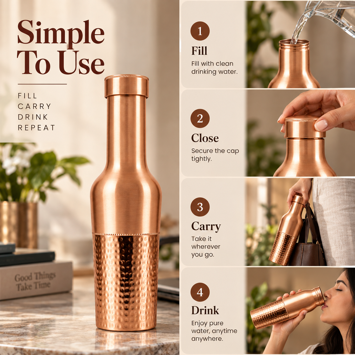 Tamtaware Crafted Pure Copper Bottle (950 ml) – Half Hammered Long Neck