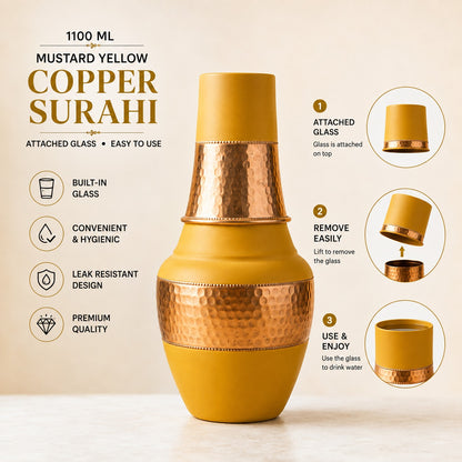 Tamtaware SURAI Designer Copper Bottle 1100 ml with Glass Lid (Mustard Yellow)