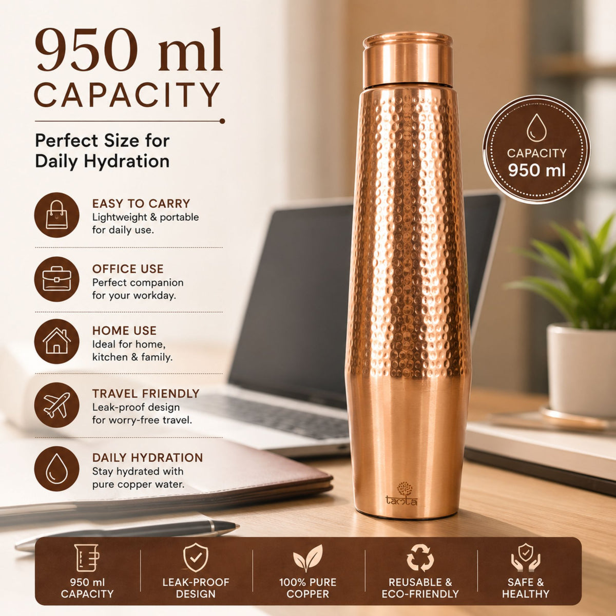 Tamtaware Handcrafted Pure Copper Water Bottle 950 ml – Dual Finish Hammered Upper