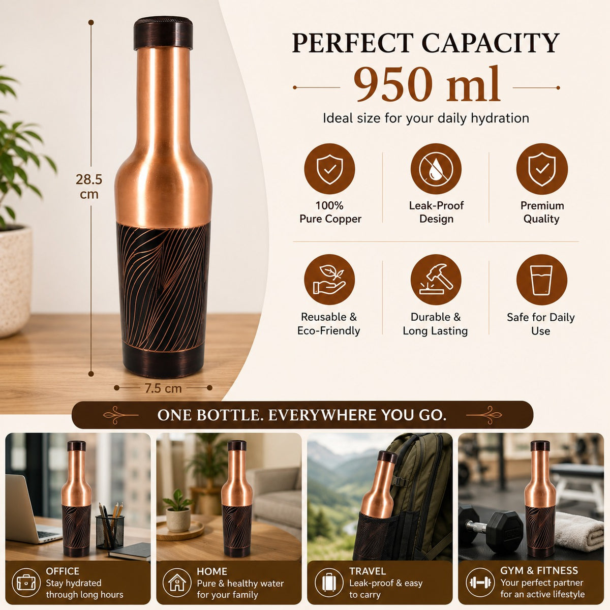 Tamtaware Handcrafted Pure Copper Water Bottle 1000 ml – 1 Litre Long Neck Etched Flask