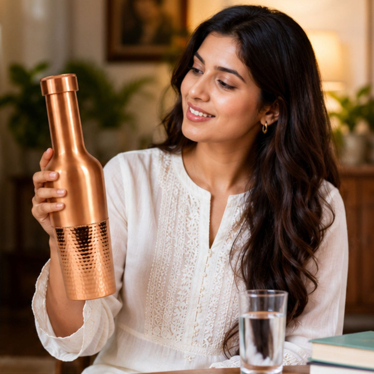 Tamtaware Crafted Pure Copper Bottle (950 ml) – Half Hammered Long Neck