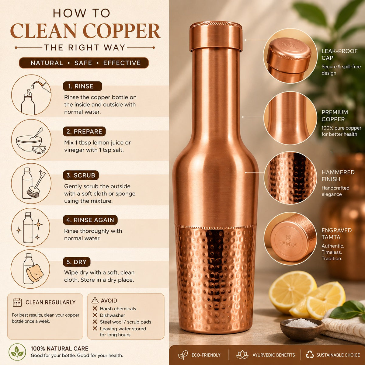 Tamtaware Crafted Pure Copper Bottle (950 ml) – Half Hammered Long Neck
