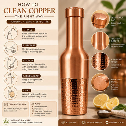 Tamtaware Crafted Pure Copper Bottle (950 ml) – Half Hammered Long Neck