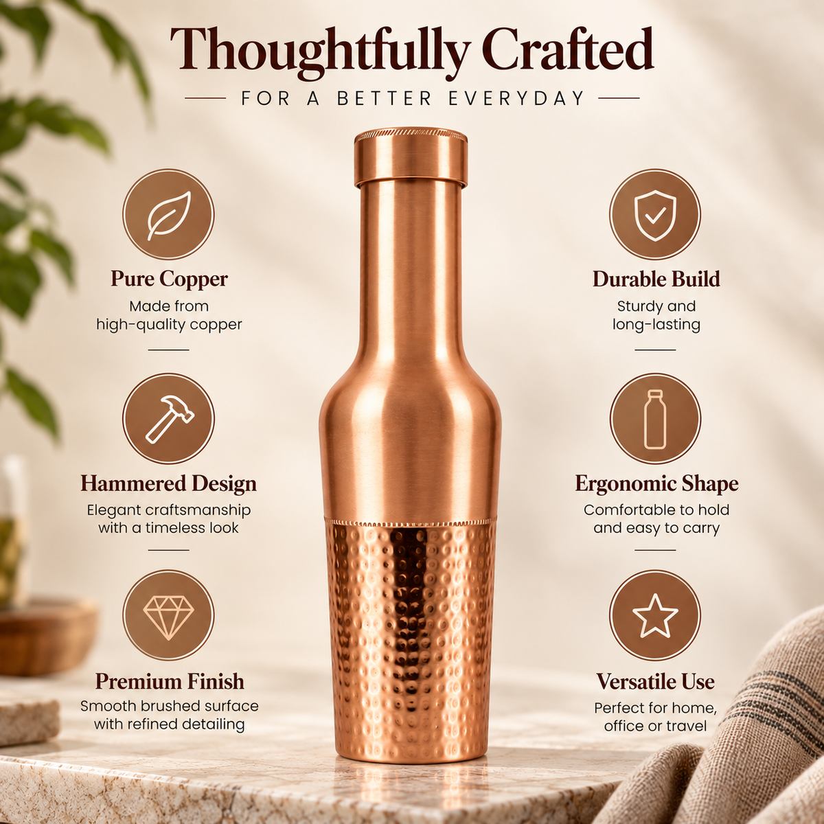 Tamtaware Crafted Pure Copper Bottle (950 ml) – Half Hammered Long Neck
