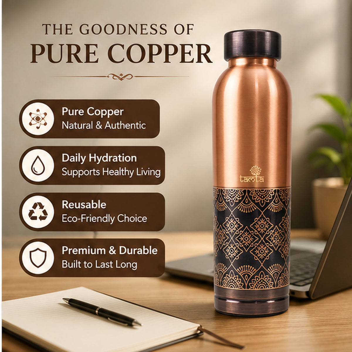 Tamtaware Handcrafted Pure Copper Water Bottle 1000 ml – 1 Litre Glossy Etched Flask