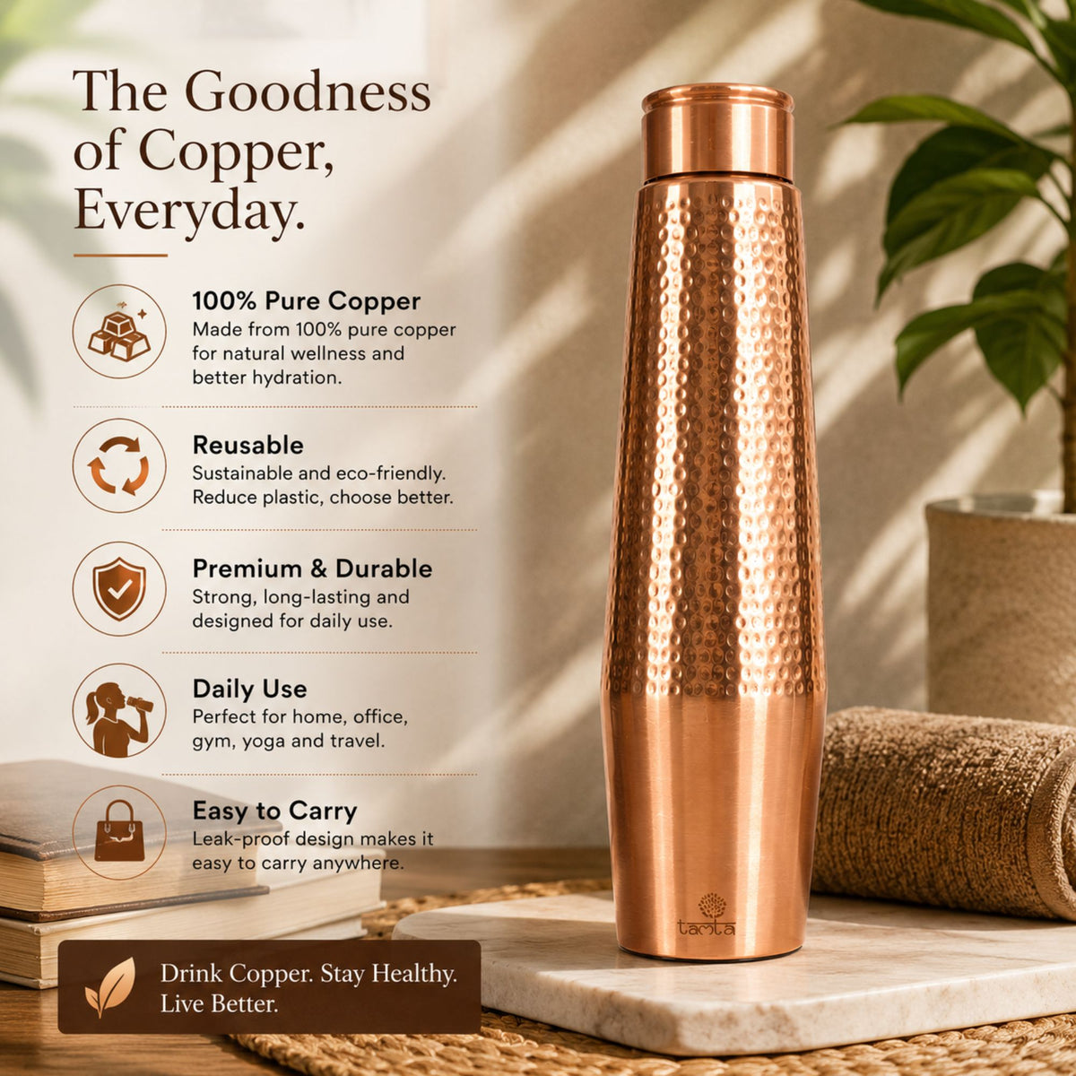 Tamtaware Handcrafted Pure Copper Water Bottle 950 ml – Dual Finish Hammered Upper