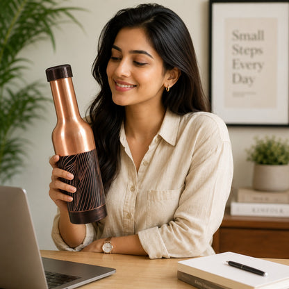 Tamtaware Handcrafted Pure Copper Water Bottle 1000 ml – 1 Litre Long Neck Etched Flask