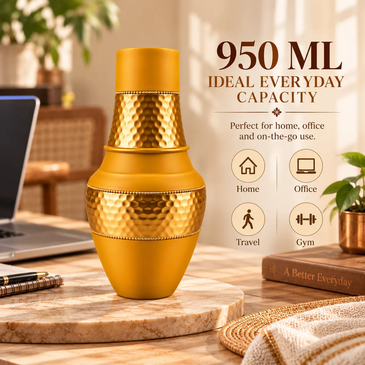 Tamtaware SURAI Designer Copper Bottle 950 ml with Glass Lid (Mustard Yellow)