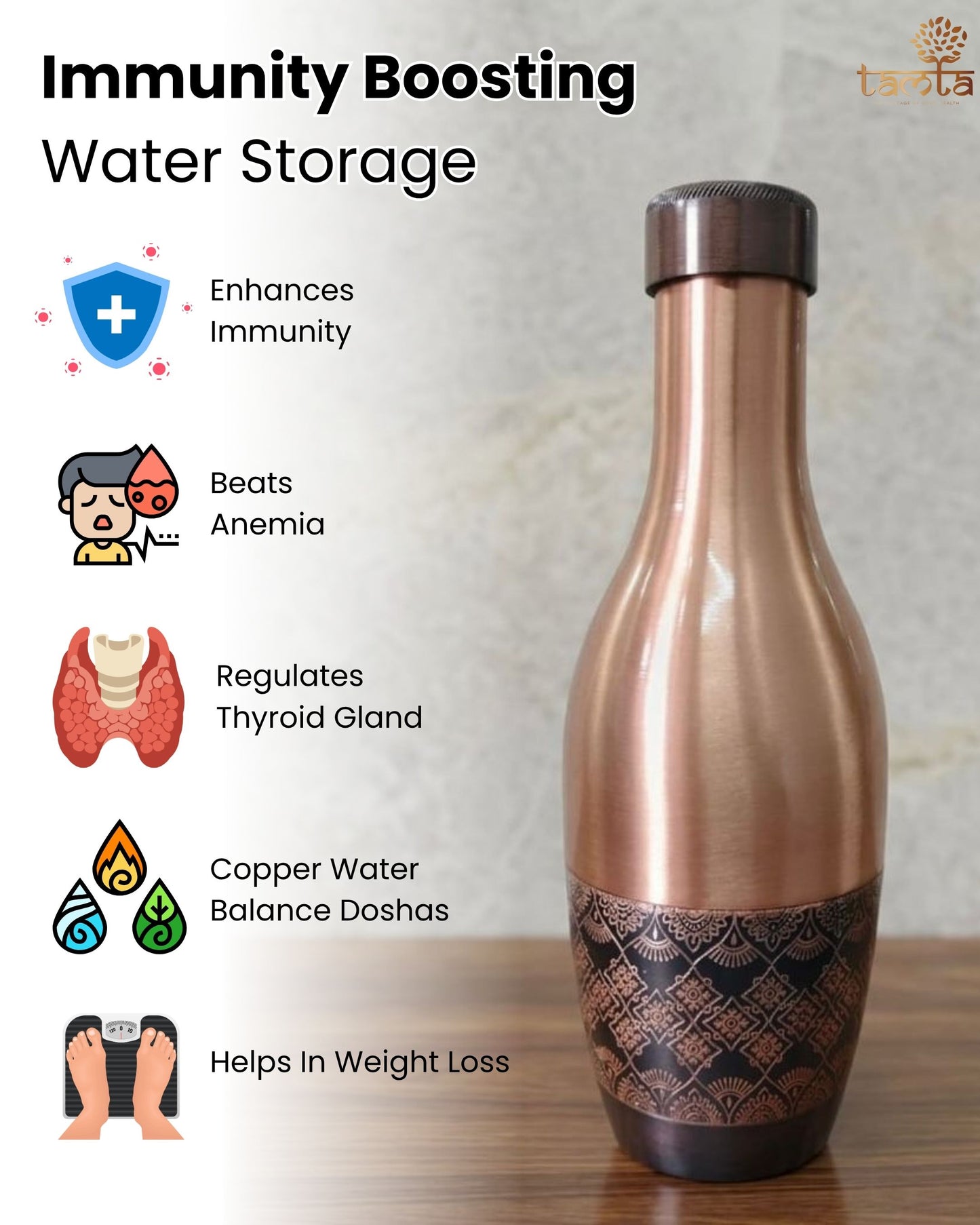 TAVYA Antique Copper Bottle – Designer Matte Finish 1100 ml A001 - आरोग्य