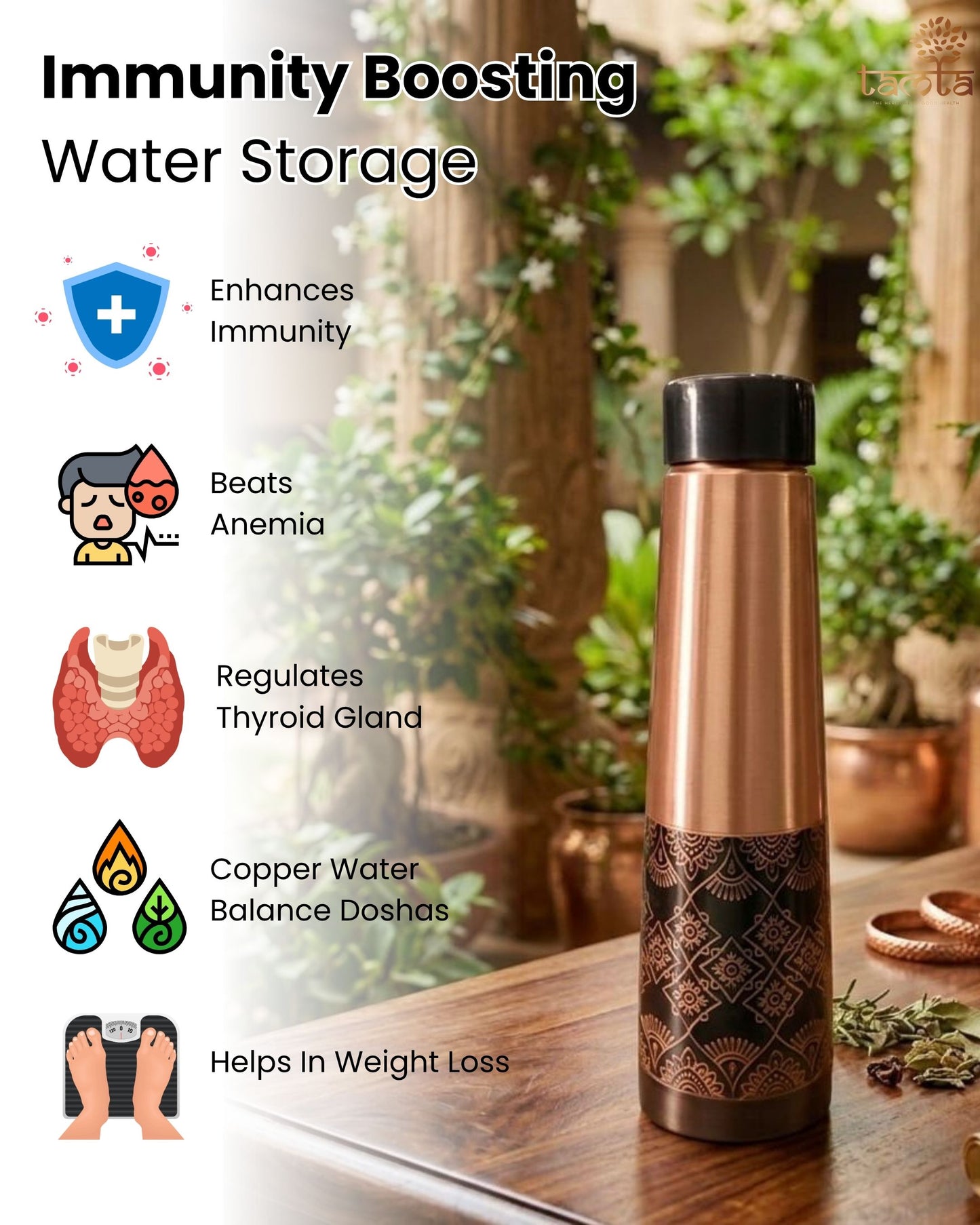 TAVYA Antique Copper Bottle – Matte Finish 900 ml A005 - स्वास्थ्य