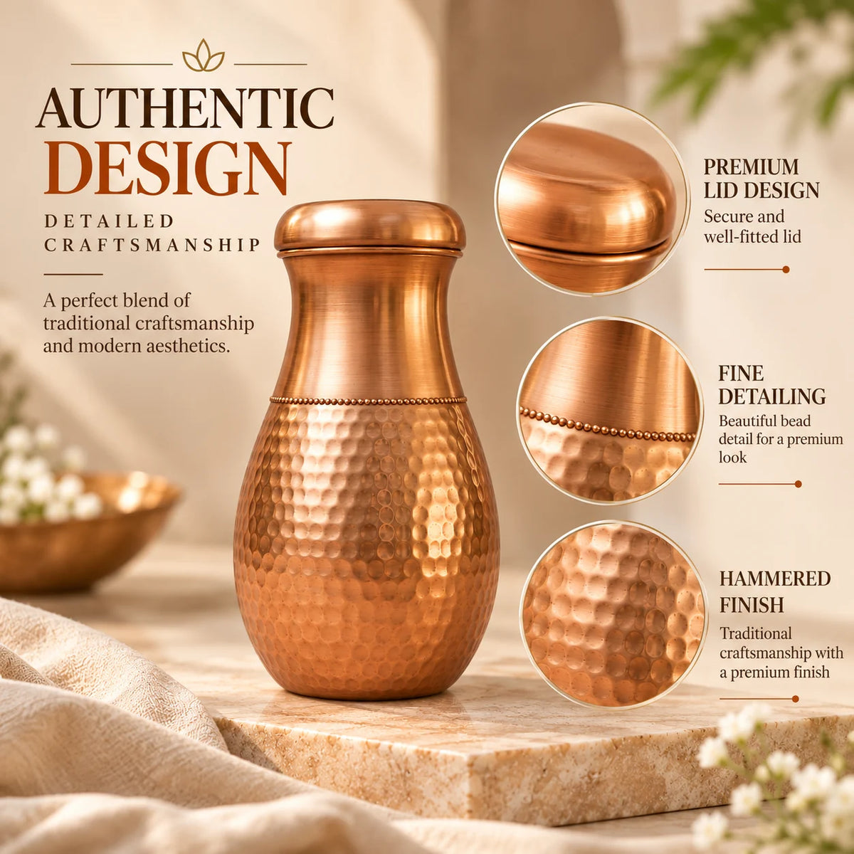 Tamtaware Handcrafted Pure Copper Water Bottle 950 ml – Half Hammered Surai Bottle