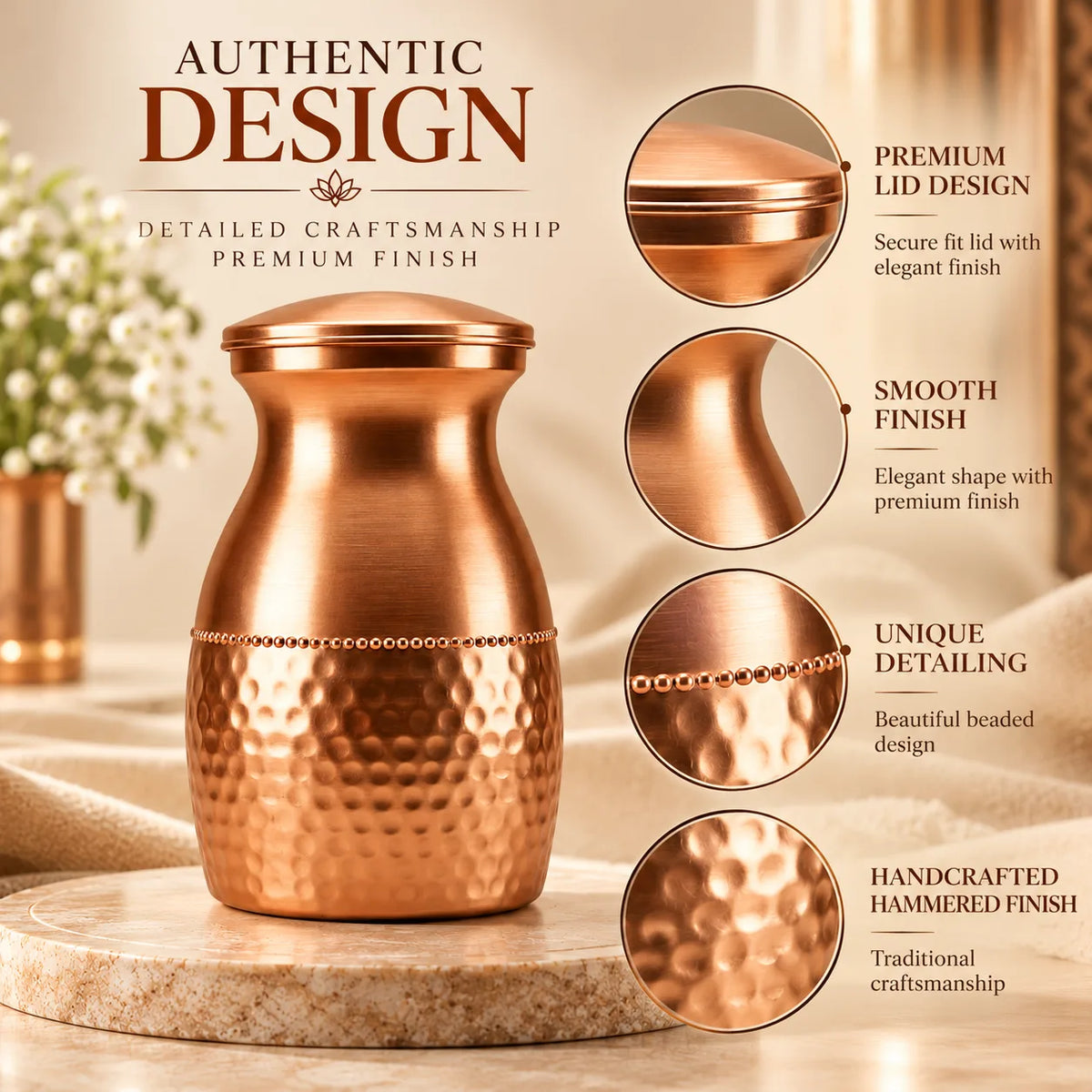 Tamtaware Compact Pure Copper Water Bottle 400 ml – Half Hammered Surai Bottle
