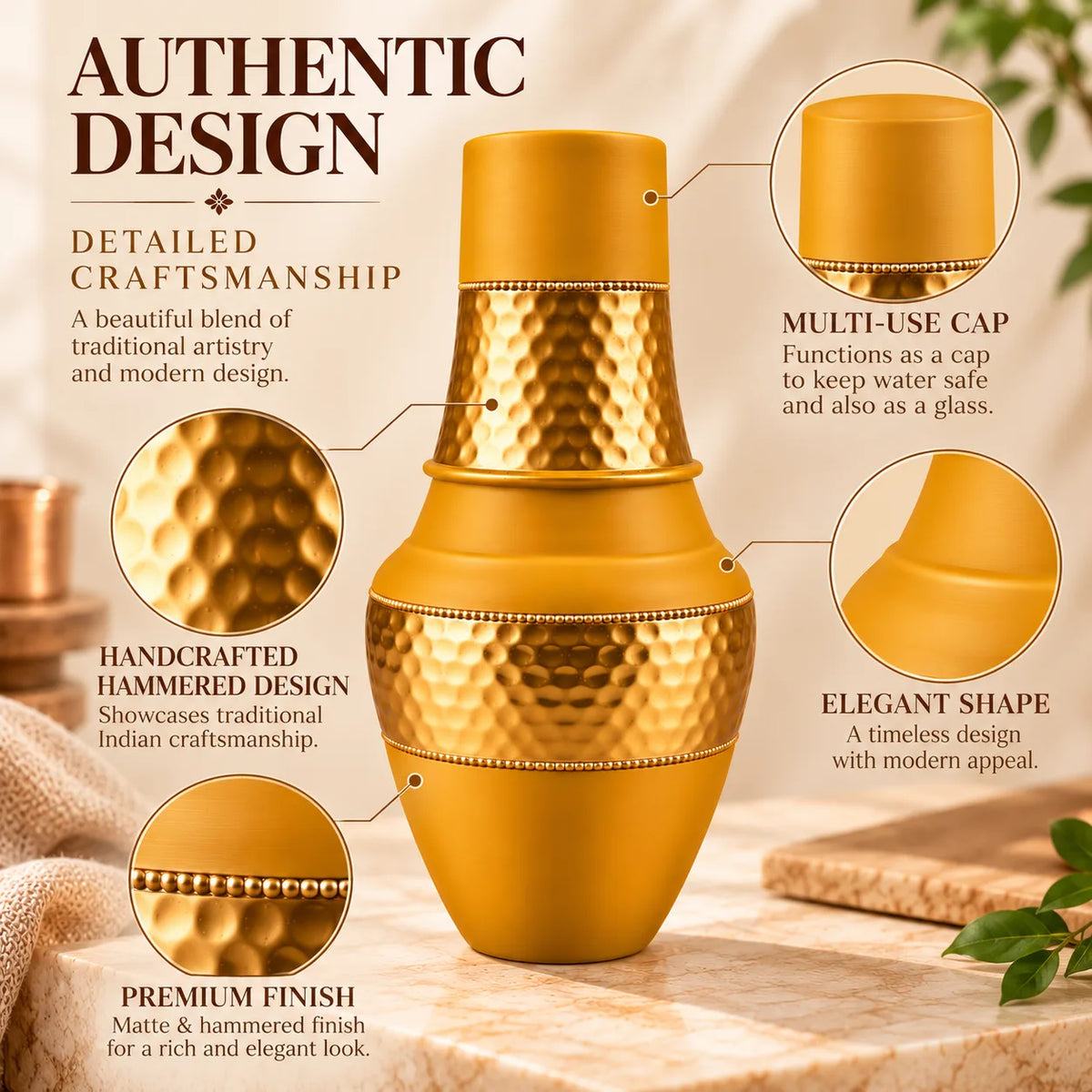 Tamtaware SURAI Designer Copper Bottle 950 ml with Glass Lid (Mustard Yellow)