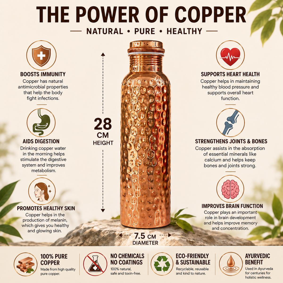 Tamtaware Handcrafted Pure Copper Water Bottle 950 ml – Full Hammered Ayurvedic Flask