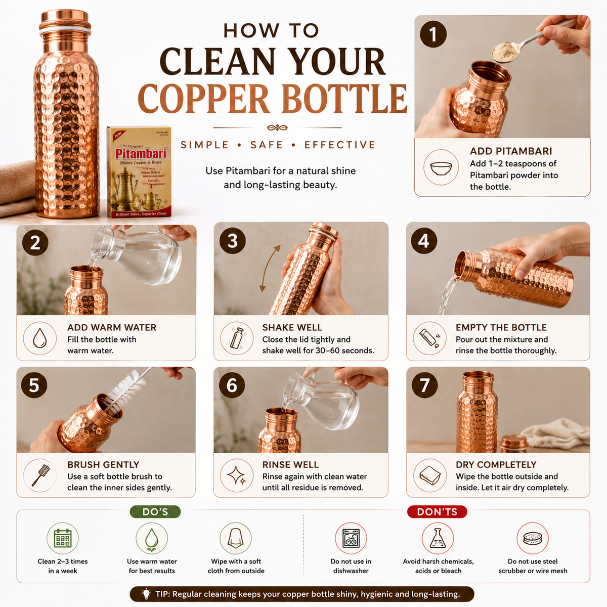 Tamtaware Handcrafted Pure Copper Water Bottle 950 ml – Full Hammered Ayurvedic Flask