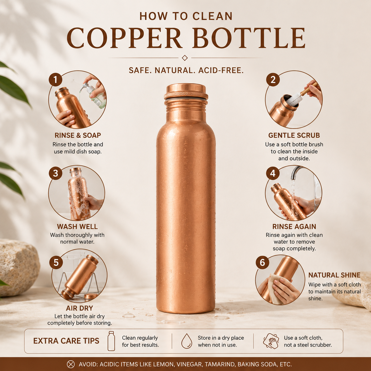 Tamtaware Handcrafted Pure Copper Water Bottle 950 ml – Brushed Satin Matte Bottle
