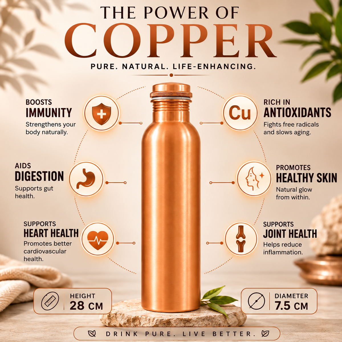 Tamtaware Handcrafted Pure Copper Water Bottle 950 ml – Brushed Satin Matte Bottle