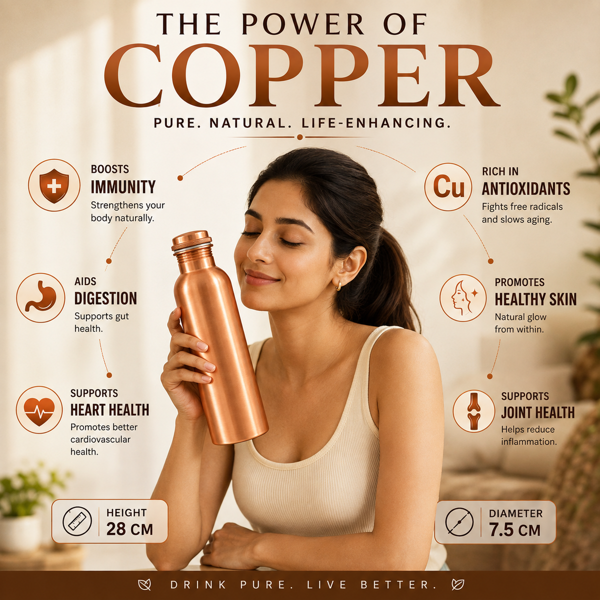 Tamtaware Handcrafted Pure Copper Water Bottle 950 ml – Brushed Satin Matte Bottle