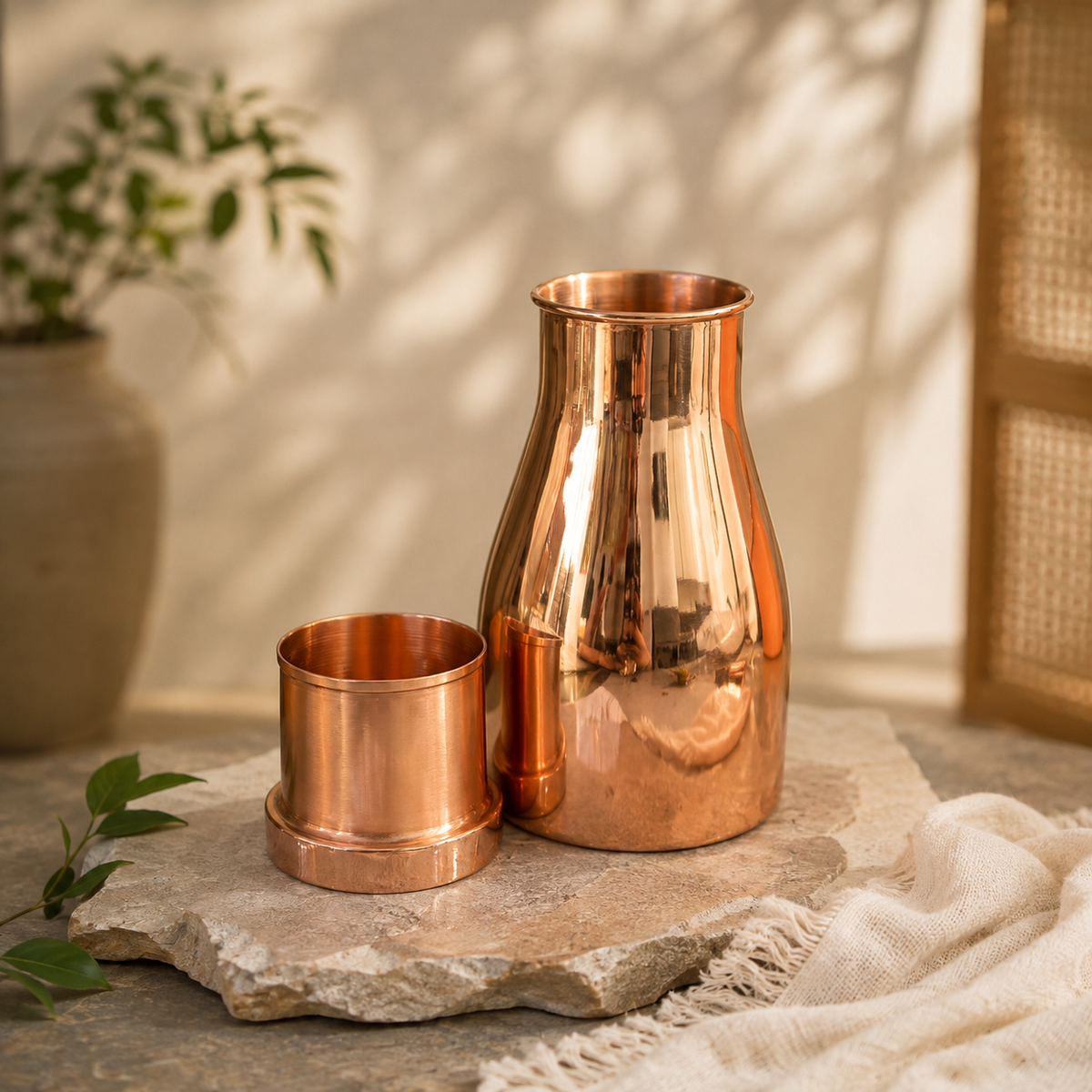 Tamtaware Pure Copper Bedside Surahi Carafe with Glass Lid (1000 ml) – Mirror Shine Tumbler Set